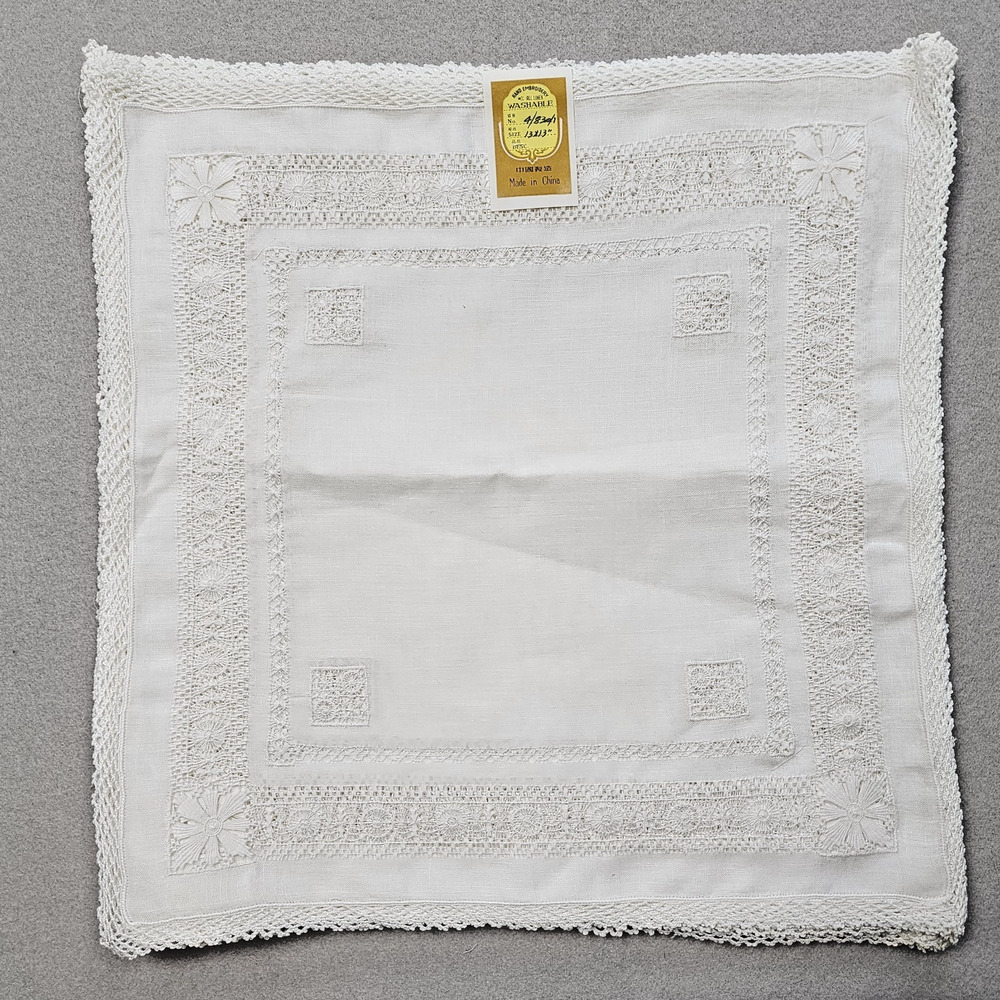 Hand Embroidered Linen Doilies 13" x 13" - Set of 12 - White - New